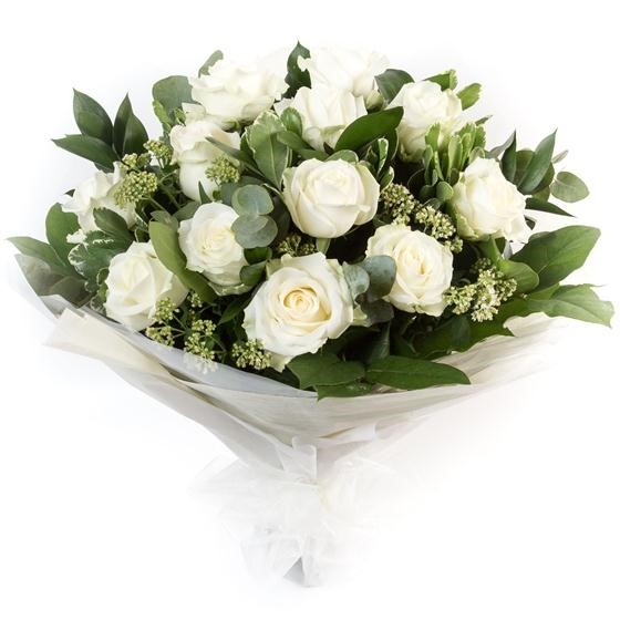 Dozen long stemmed white roses with vase